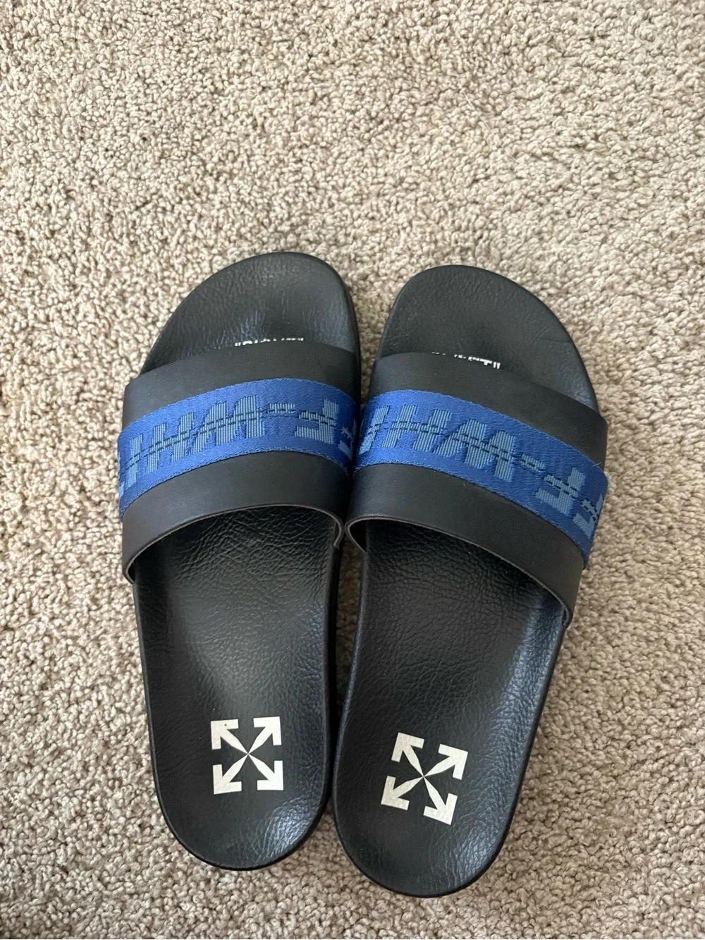 Off-White Black Slides with Blue Logo Strap
